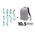 A light gray backpack shown on a white background next to a graphic of 10.5 recycled plastic bottles in green and blue, with text reading '10.