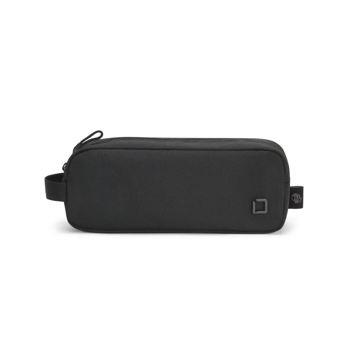 A black rectangular zippered pouch with a small square logo on the front and a side loop, photographed on a clean white background.