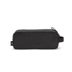 A black rectangular zippered pouch with a small black strap and a small circular logo tag on the left side, shown against a plain white background.