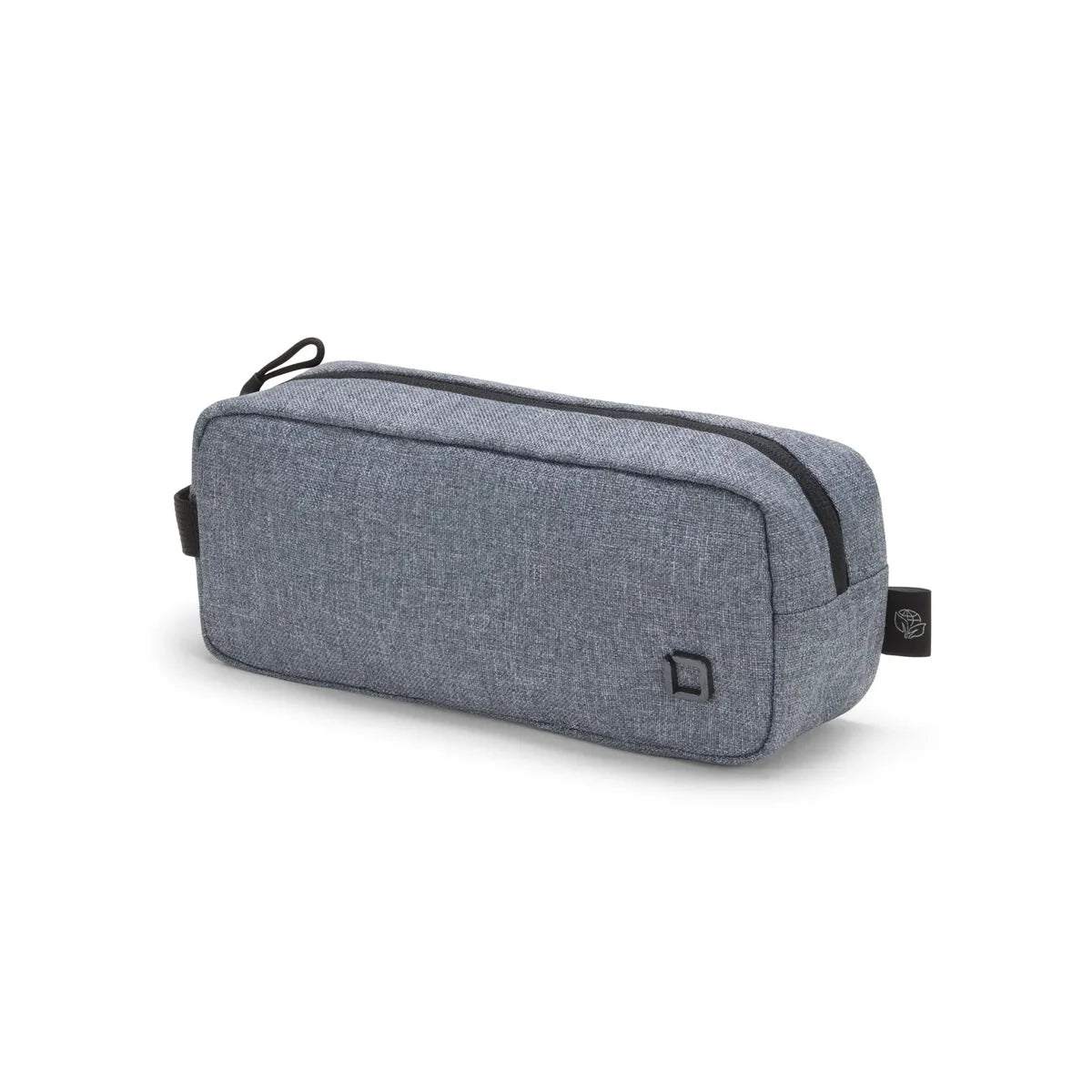 A gray heathered zippered pouch with black trim and a small black logo tab, shown on a clean white background.