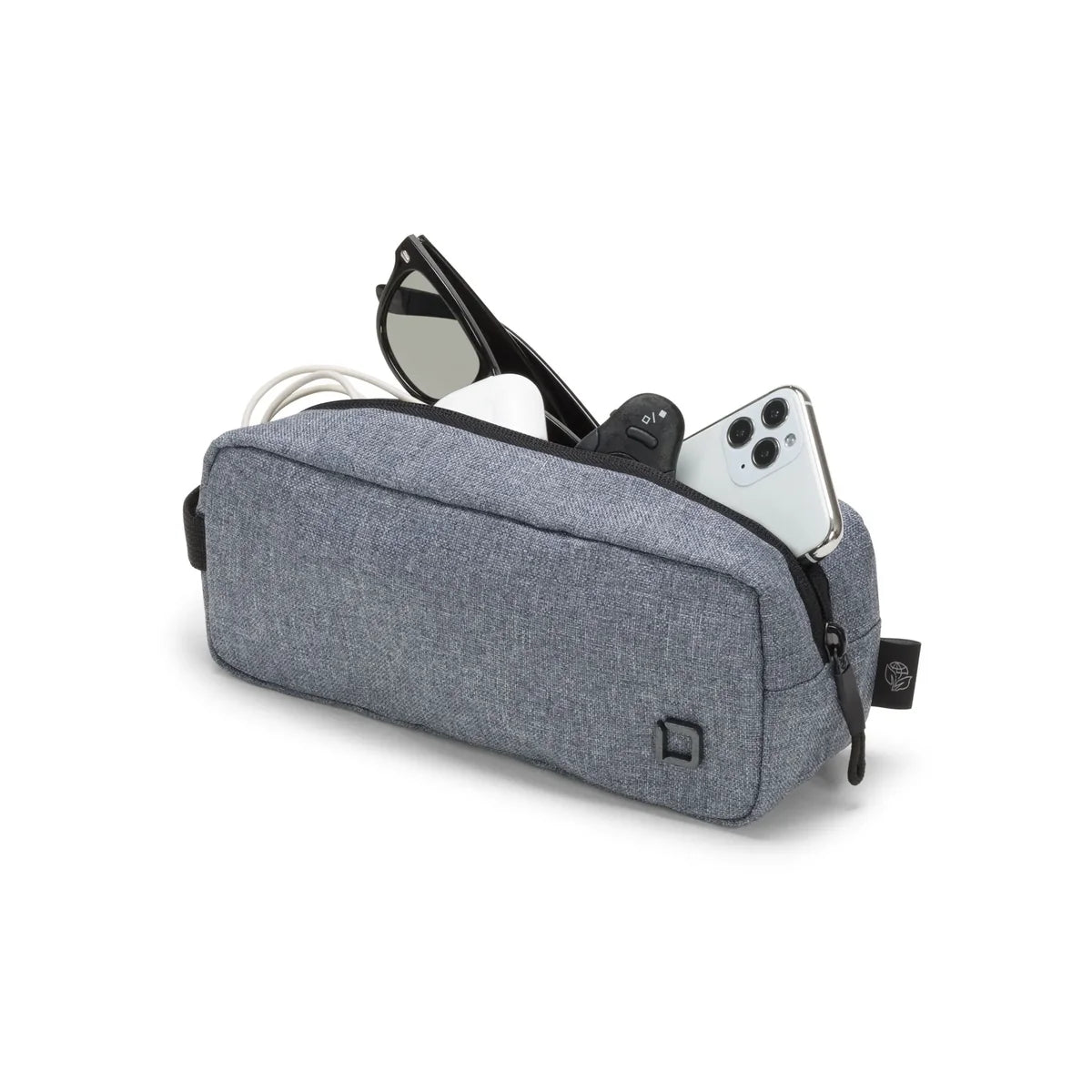 Gray travel pouch with phone, sunglasses, and other items on a white background