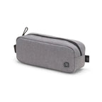 A gray heathered zippered pouch with black zipper trim, a top carry loop, and a small black square logo tab on the front, shown on a white background.
