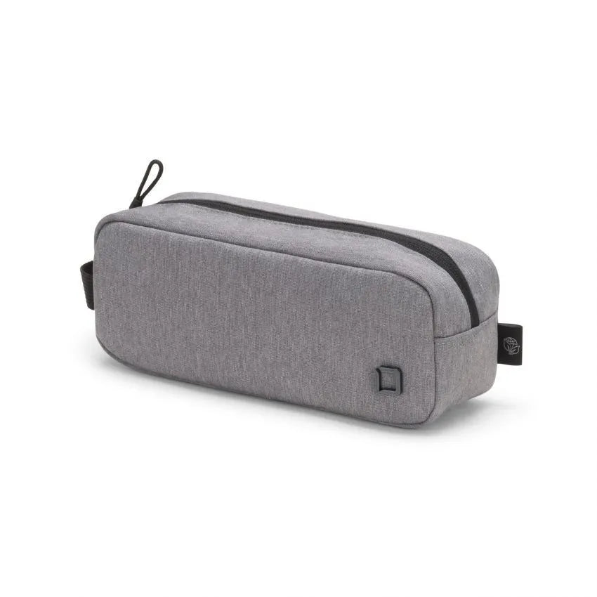 A gray heathered zippered pouch with black zipper trim, a top carry loop, and a small black square logo tab on the front, shown on a white background.