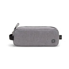 A gray heathered rectangular zippered pouch with a black carrying loop and a small black square logo on the front, shown against a plain white background.