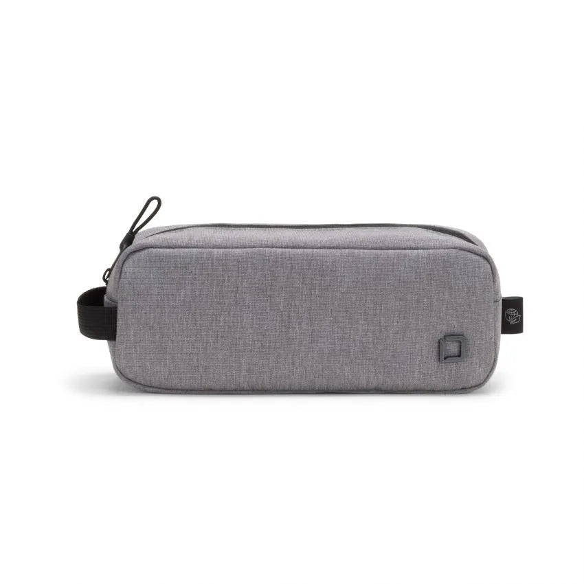 A gray heathered rectangular zippered pouch with a black carrying loop and a small black square logo on the front, shown against a plain white background.