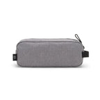 A gray heathered rectangular zippered pouch with black zipper pulls and a small black brand tag on the side, shown against a plain white background.