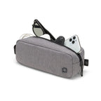 A gray textured zippered pouch shown on a white background, with sunglasses and a smartphone partially tucked into the open top zipper.
