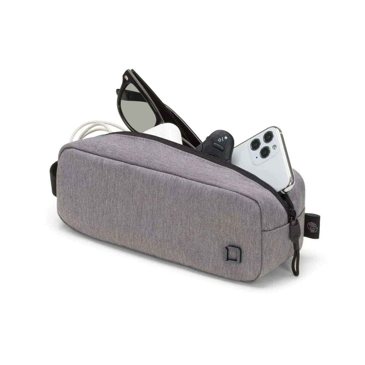 A gray textured zippered pouch shown on a white background, with sunglasses and a smartphone partially tucked into the open top zipper.