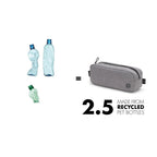 A gray zippered pouch shown on a white background with illustrated recycled plastic bottles and text reading '2.5 MADE FROM RECYCLED PET BOTTLES'.