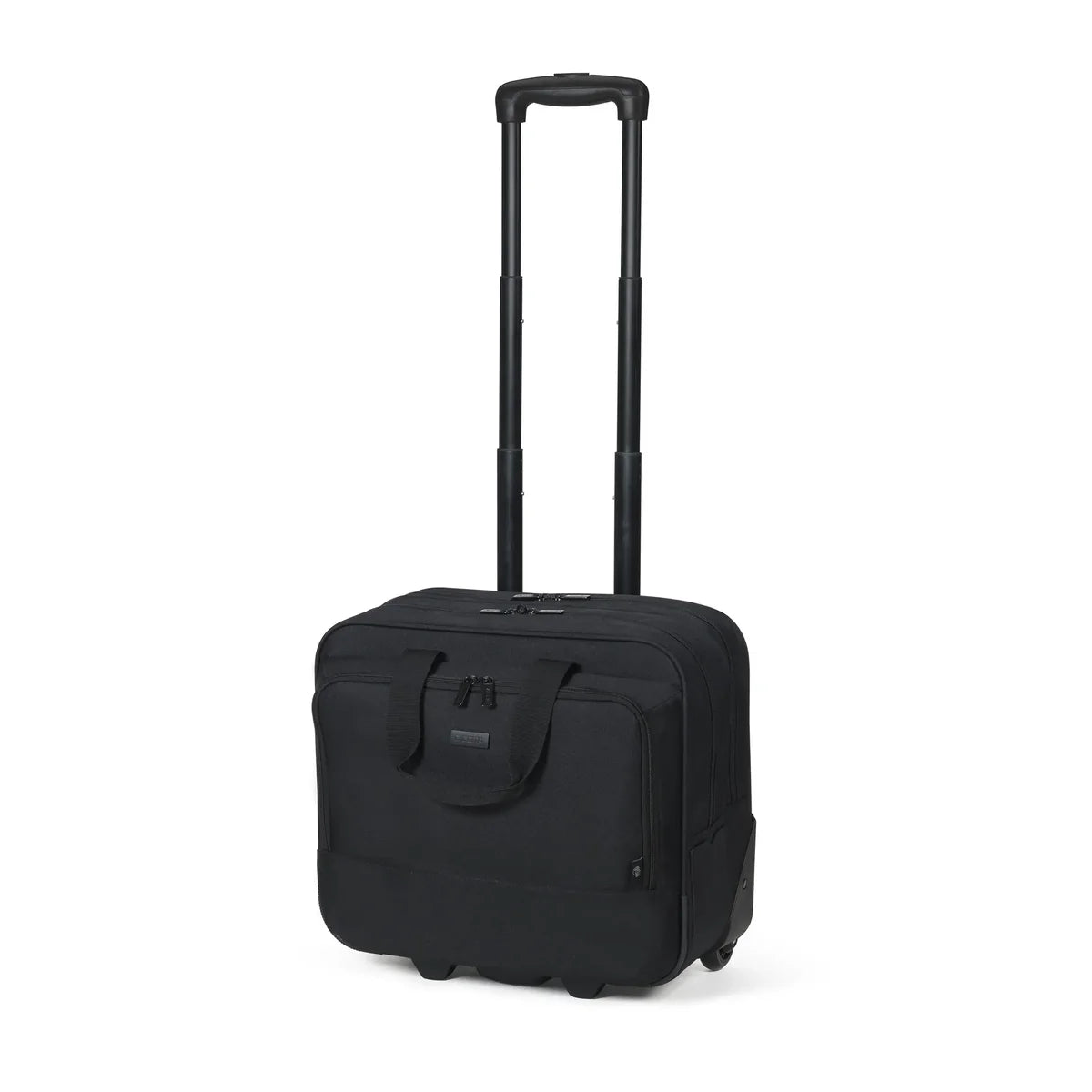 Black rolling suitcase on a white background