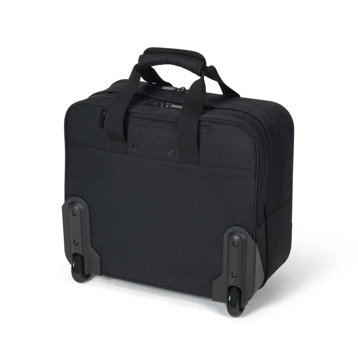 Black rolling suitcase on a white background