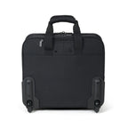 A black rolling laptop bag with a top handle, dual spinner wheels, and a zippered top compartment, shown from the back on a white background.