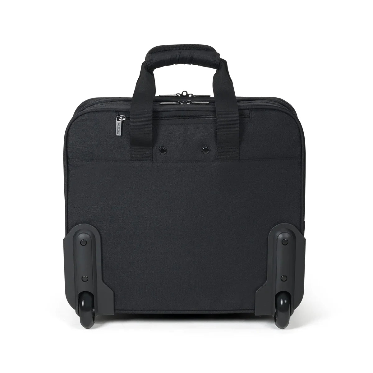 A black rolling laptop bag with a top handle, dual spinner wheels, and a zippered top compartment, shown from the back on a white background.
