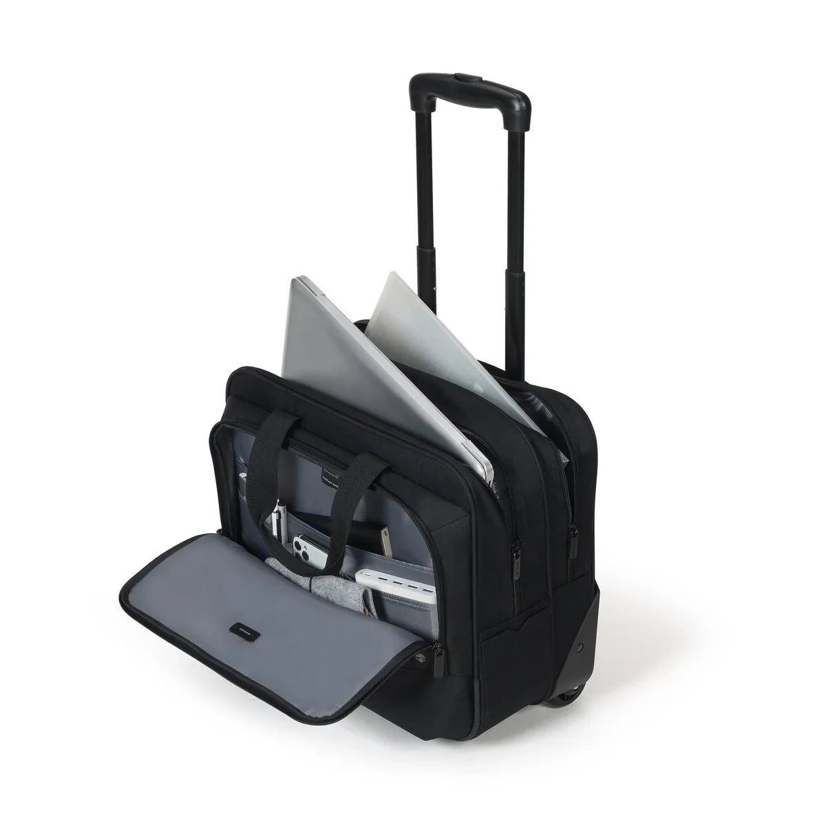 Black rolling suitcase with open compartment showing a laptop and documents on a white background