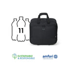A black rectangular laptop bag with top handles, shown on a white background next to a graphic of 11 water bottles and logos for Sustainable & Responsible and amfori.