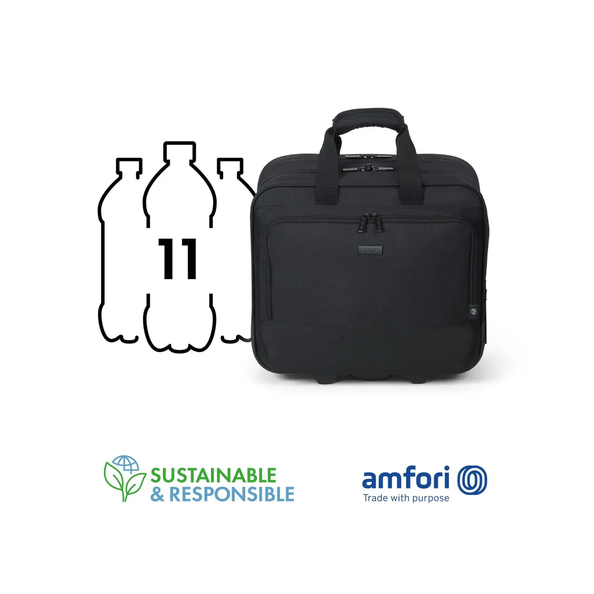 A black rectangular laptop bag with top handles, shown on a white background next to a graphic of 11 water bottles and logos for Sustainable & Responsible and amfori.