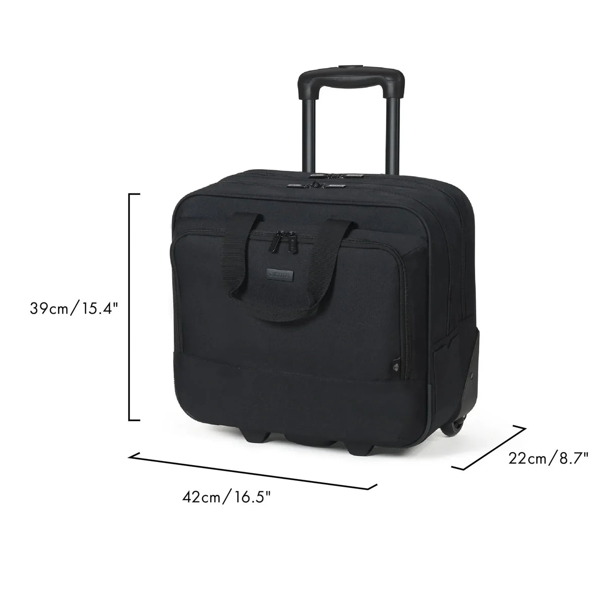 Black rolling suitcase with an extended telescoping handle and wheels, shown on a white background with dimension lines and measurements for height, width, and depth.