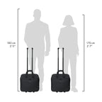 Two black rolling duffel bags shown with human silhouette height references labeled 180 cm and 170 cm on a white background.