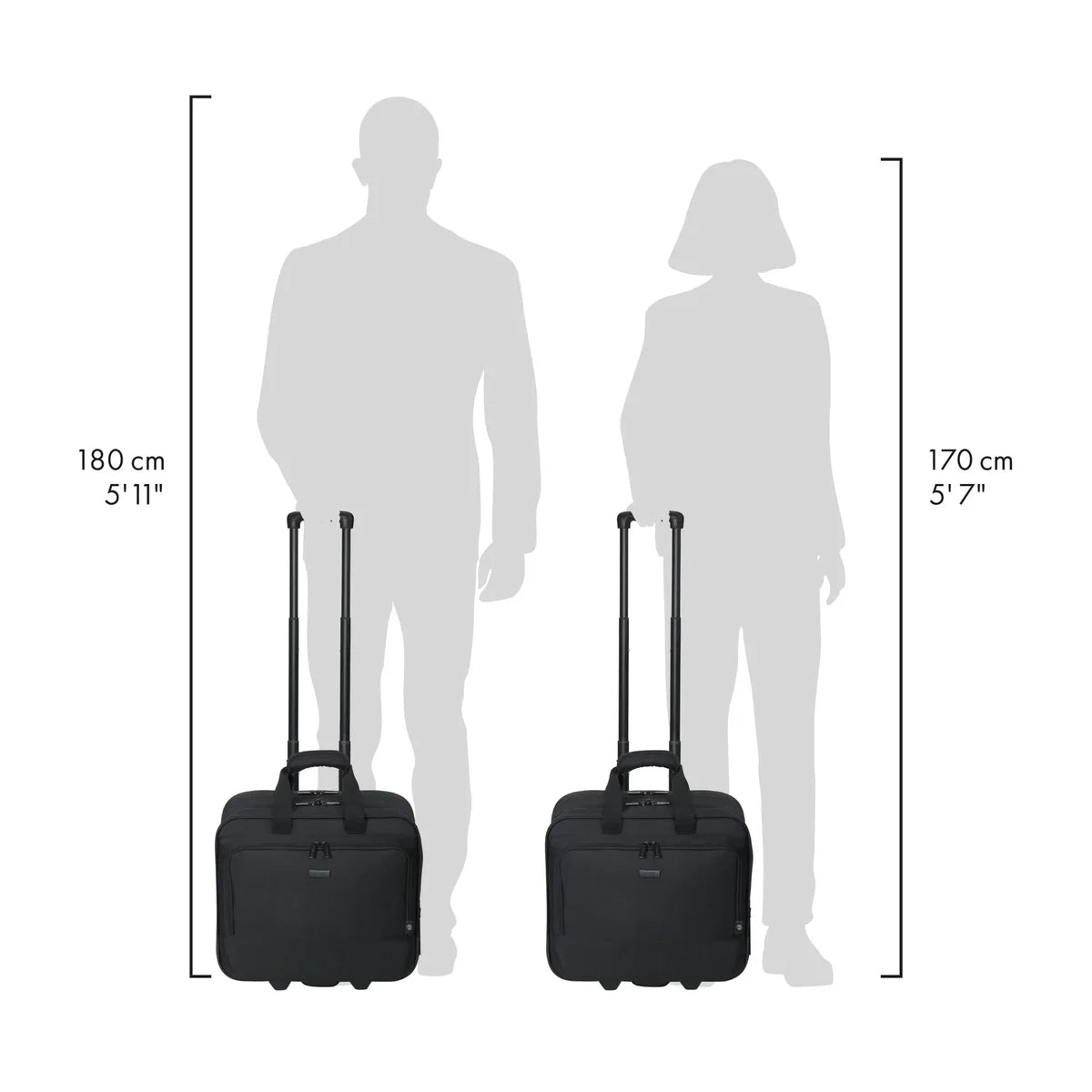Two black rolling duffel bags shown with human silhouette height references labeled 180 cm and 170 cm on a white background.