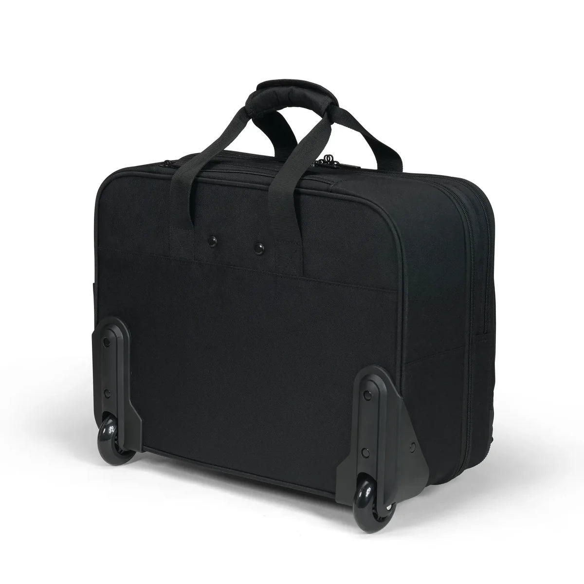 Black rolling suitcase on a white background