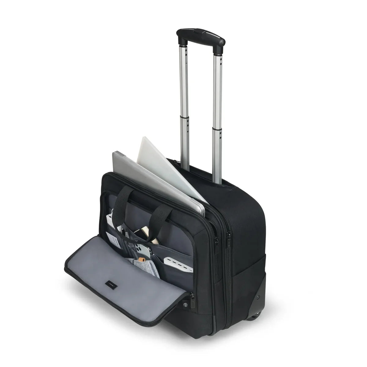 Black rolling suitcase with open compartment on a white background
