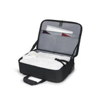 Black travel bag with white interior on a white background