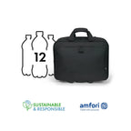 A black laptop briefcase shown on a white background with a graphic indicating it is made from recycled 12 plastic bottles. Logos for 'Sustainable & Responsible' and 'amfori Trade with purpose' are displayed at the bottom.