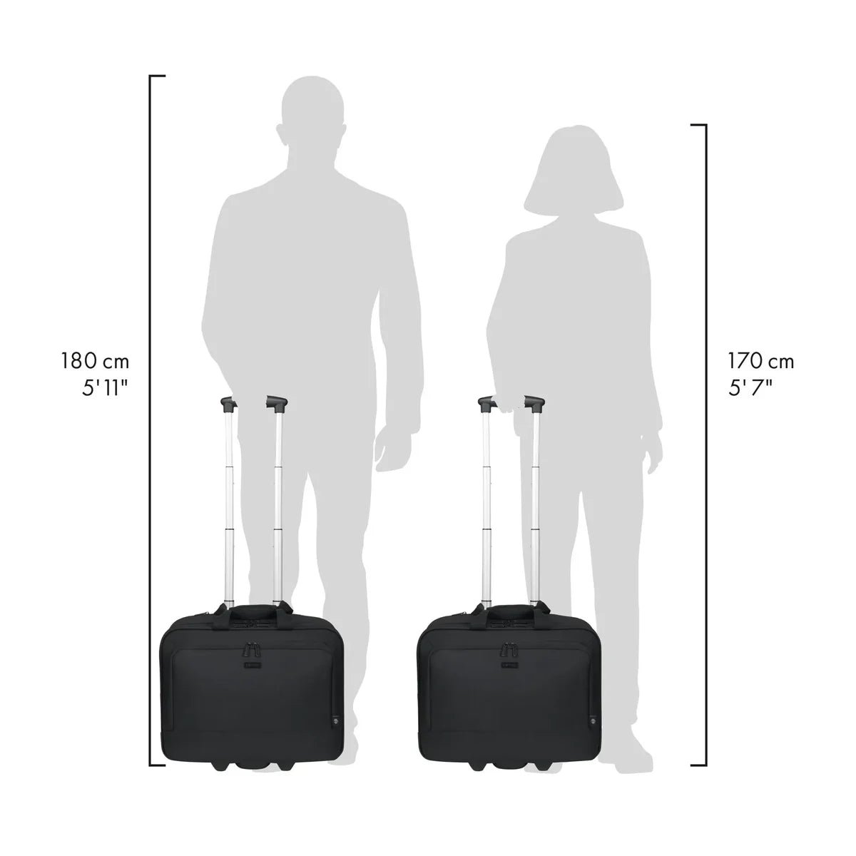 Two black rolling suitcases shown with human silhouette size references and height measurements labeled 180 cm (5'11") and 170 cm (5'7") on a white background.