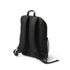 A black backpack shown from a rear three-quarter view on a plain white background.