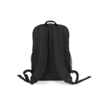 Black backpack shown from the back view on a solid white background.