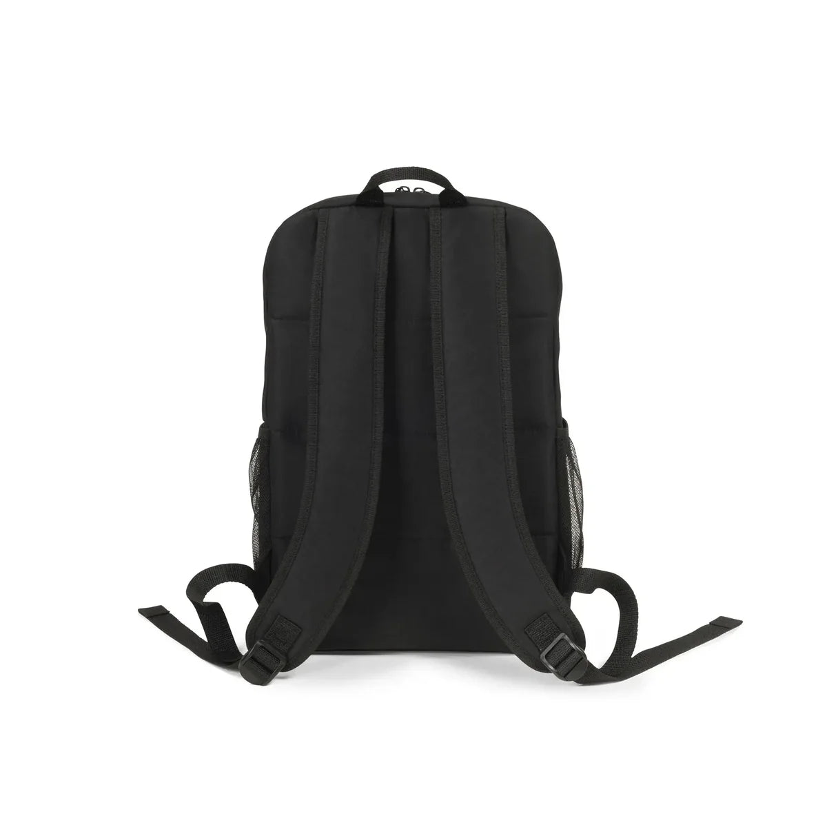 Black backpack shown from the back view on a solid white background.