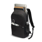 Black backpack with laptop and items on a white background