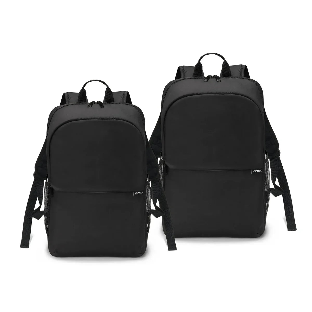 Two black backpacks, one smaller and one larger, shown from the front on a plain white background.