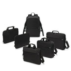 A set of black laptop and briefcase bags arranged on a plain white background, including a backpack, multiple briefcases, and two larger document bags.