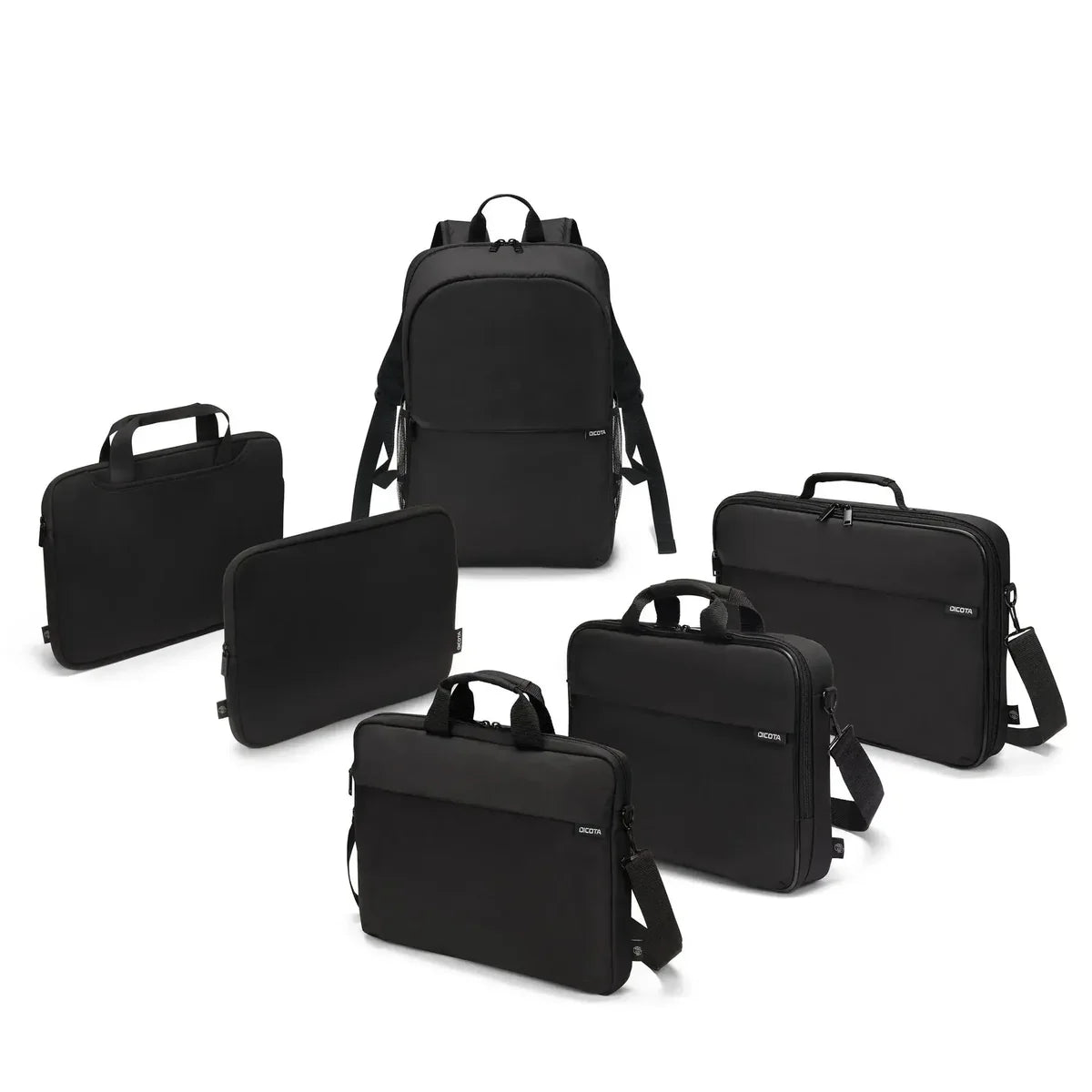 A set of black laptop and briefcase bags arranged on a plain white background, including a backpack, multiple briefcases, and two larger document bags.