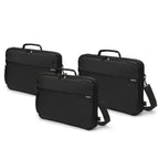 Three black briefcases of different sizes on a white background