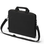 A black neoprene laptop sleeve with a top handle and an adjustable shoulder strap, shown on a clean white background.
