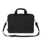 A black neoprene laptop sleeve with a top carry handle and an adjustable shoulder strap, shown against a plain white background.