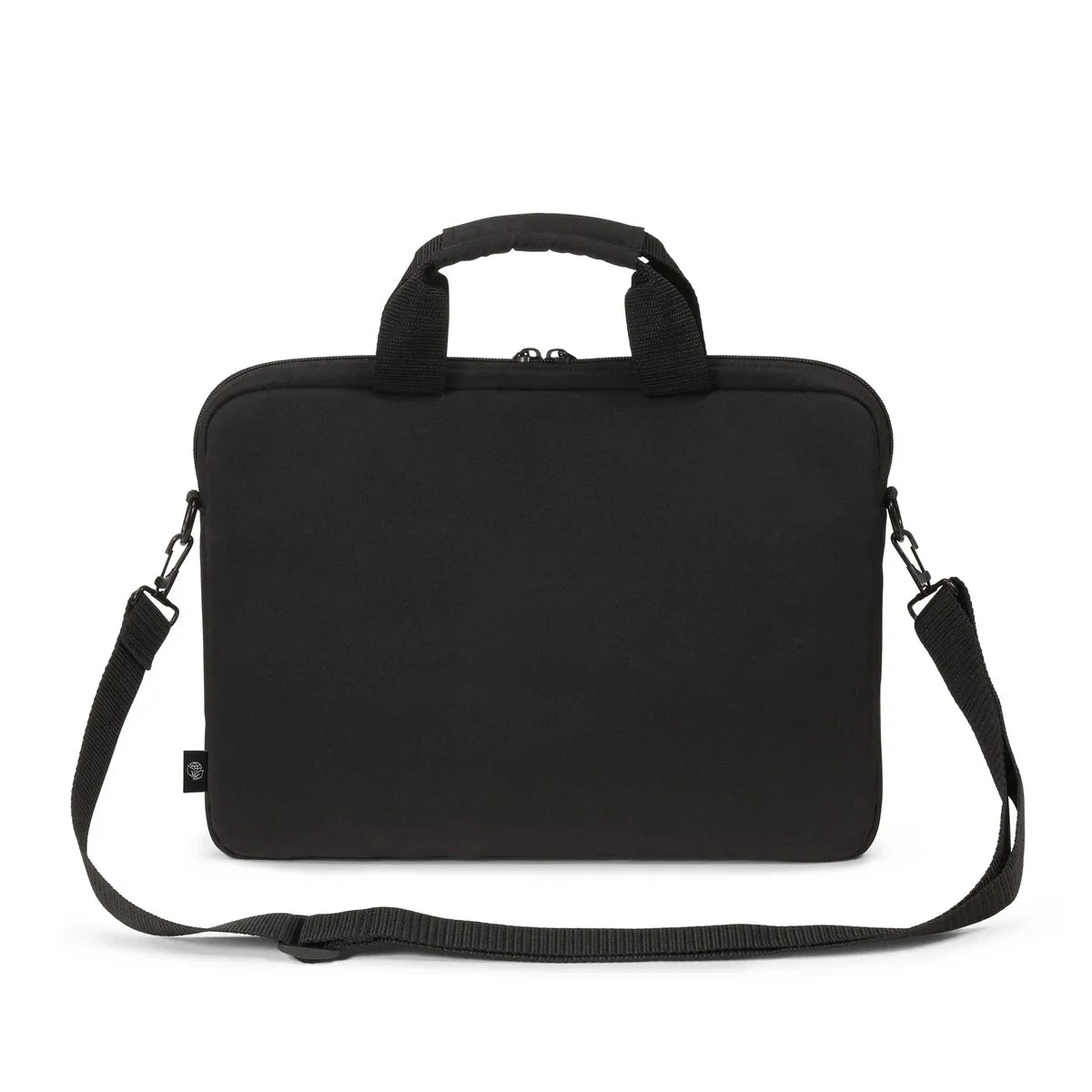 A black neoprene laptop sleeve with a top carry handle and an adjustable shoulder strap, shown against a plain white background.
