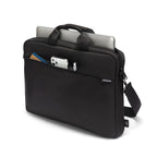 A black AICOTY laptop and tablet bag with a top handle, shoulder strap, and front pocket containing a laptop and phone, shown on a white background.