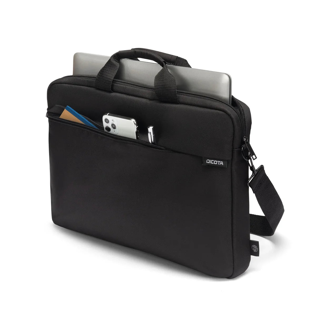 A black AICOTY laptop and tablet bag with a top handle, shoulder strap, and front pocket containing a laptop and phone, shown on a white background.