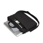 Black laptop bag with a laptop and phone inside on a white background