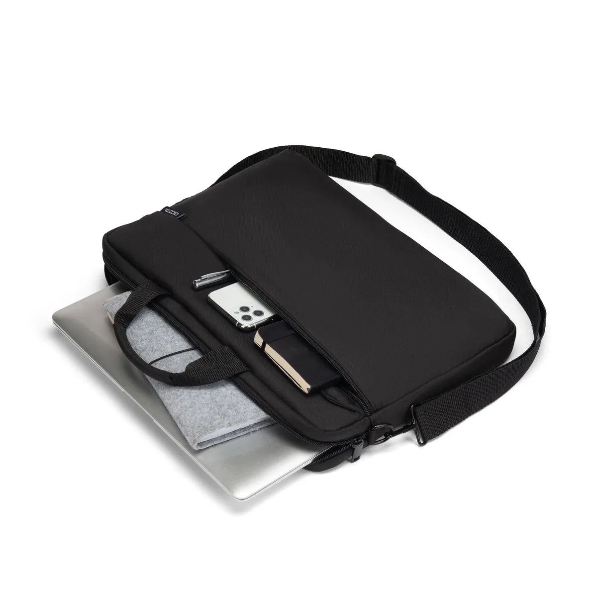 Black laptop bag with a laptop and phone inside on a white background