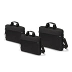 Three black laptop and tablet bags of different sizes arranged on a clean white background. Each bag features dual top handles, a zippered main compartment, and a detachable shoulder strap.