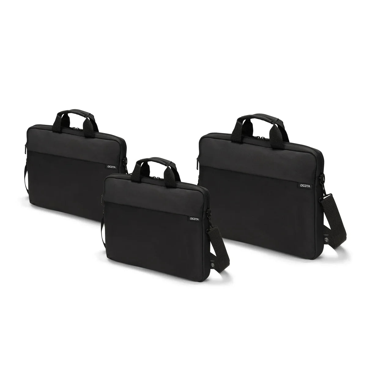 Three black laptop and tablet bags of different sizes arranged on a clean white background. Each bag features dual top handles, a zippered main compartment, and a detachable shoulder strap.
