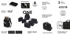 A promotional infographic for a black backpacking and laptop bag set, labeled 'ONE', showing multiple bag sizes and configurations on a white background with feature callouts, size 17.3 inches, Amfori certification, and other text.