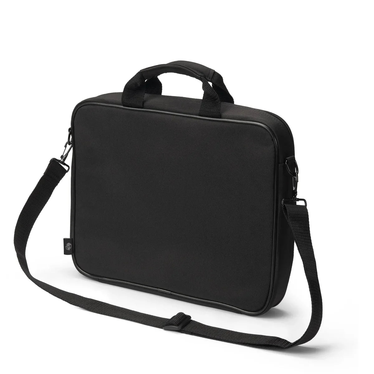 A black laptop briefcase with a top handle and an adjustable shoulder strap, shown on a clean white background.