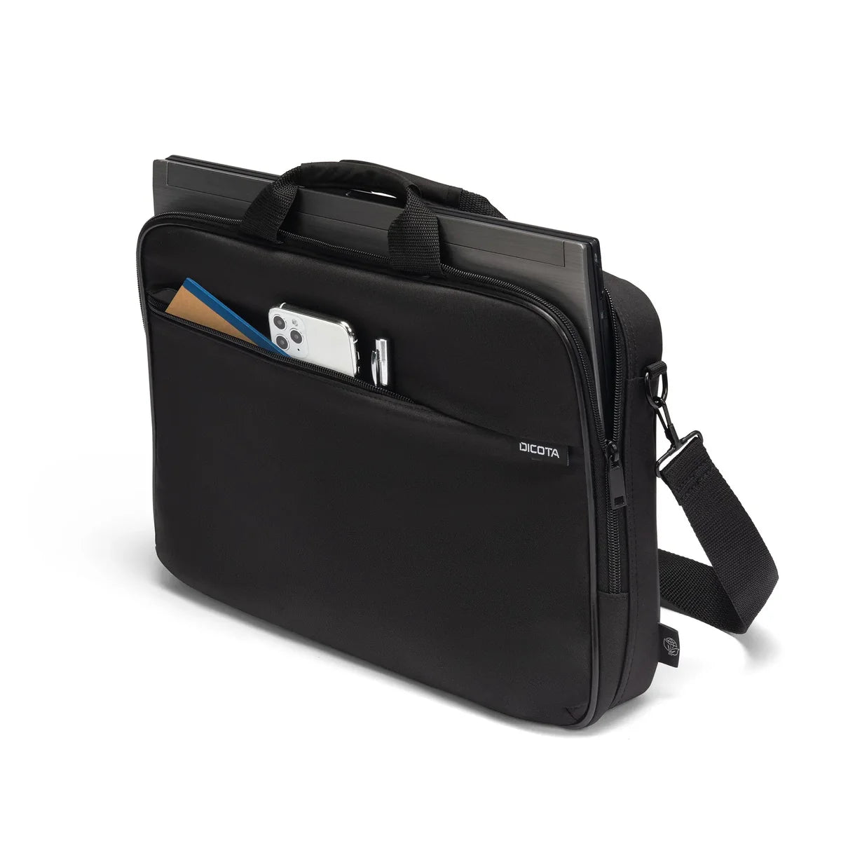 Black briefcase with a shoulder strap on a white background