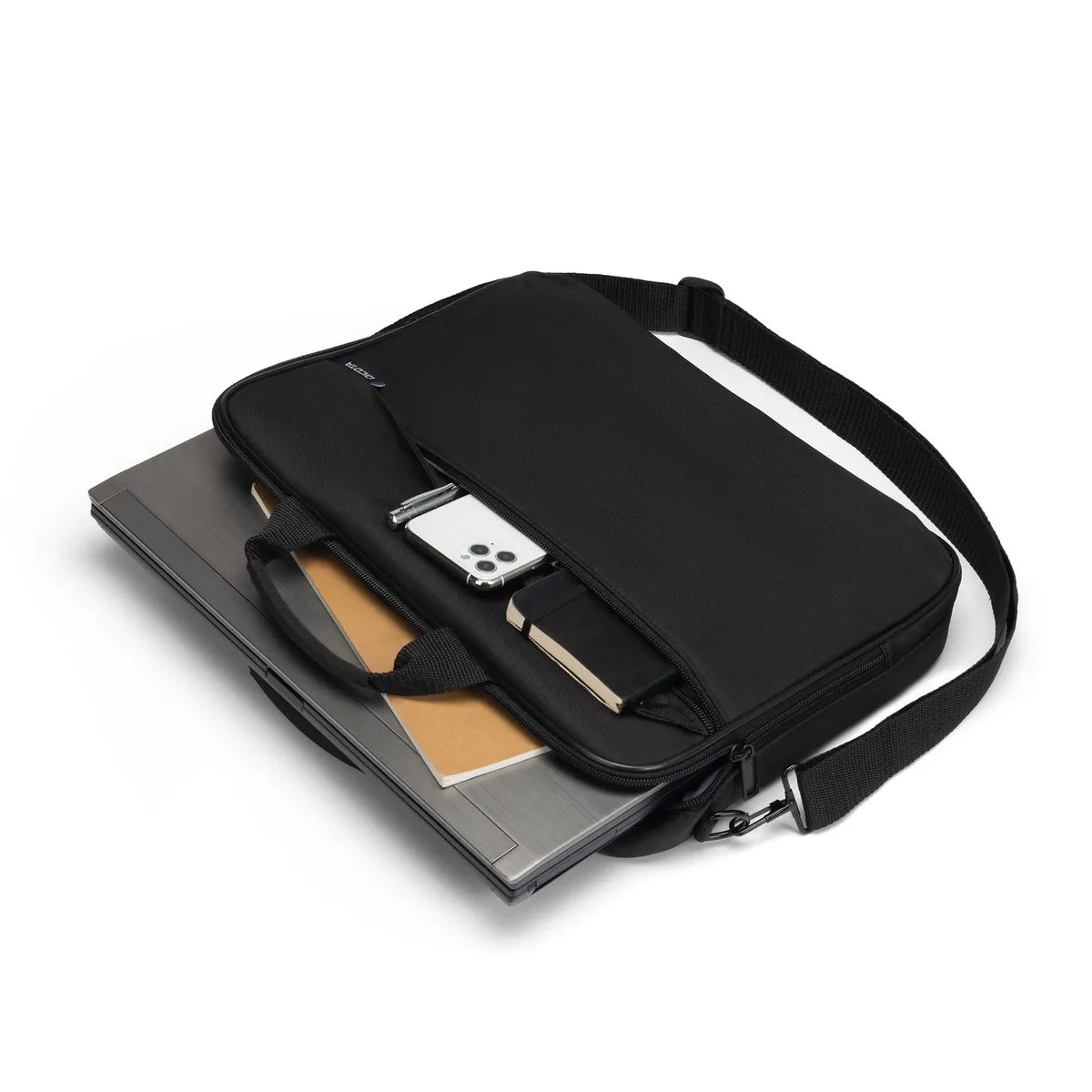 Black laptop bag with a phone and notebook inside on a white background