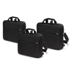 Three black laptop briefcases in different sizes arranged on a white background, each with top handles, a shoulder strap, and a small visible OCOTE brand tag.